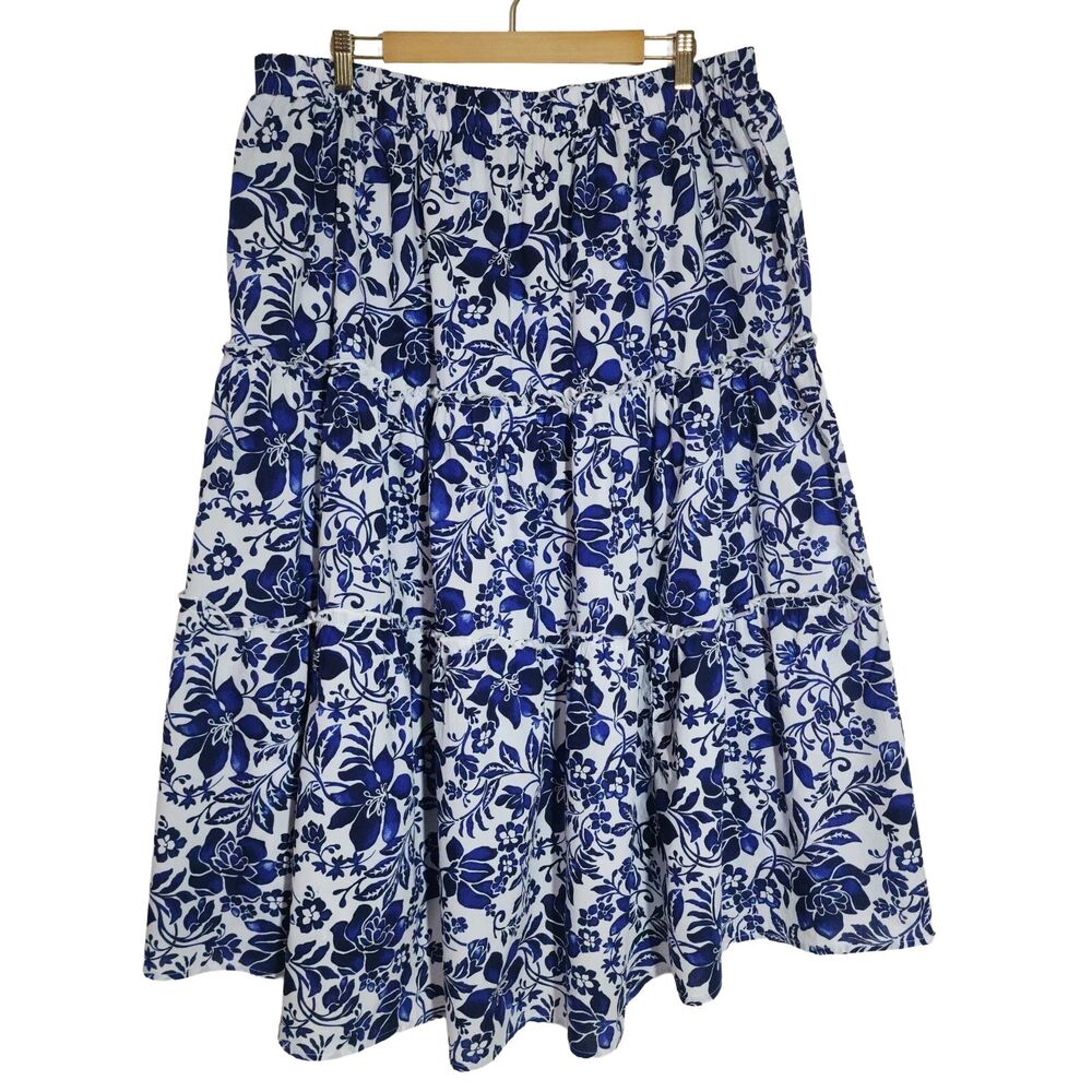 Lane Bryant Womens 18/20 Blue Floral Cotton Tiered Midi Skirt High Low Unlined